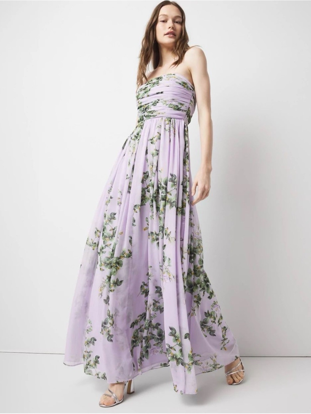 White House Black Market Lavender Floral Pleated Maxi Dress